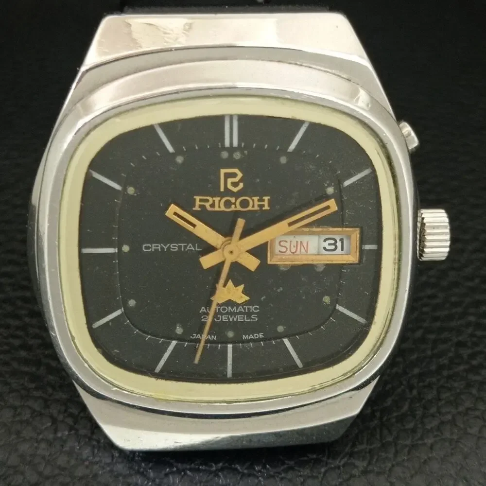 Vintage 1979 Square Ricoh Automatic Mens Silver Watch W/daydate & Gold accents
